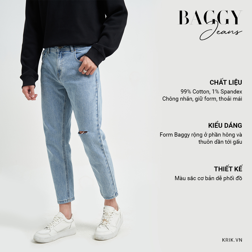 Quần Jean Nam Local Brand KRIK Form Baggy Chất Liệu Jeans Cao Cấp Màu Xanh Rách Gối Trẻ Trung QJ6009