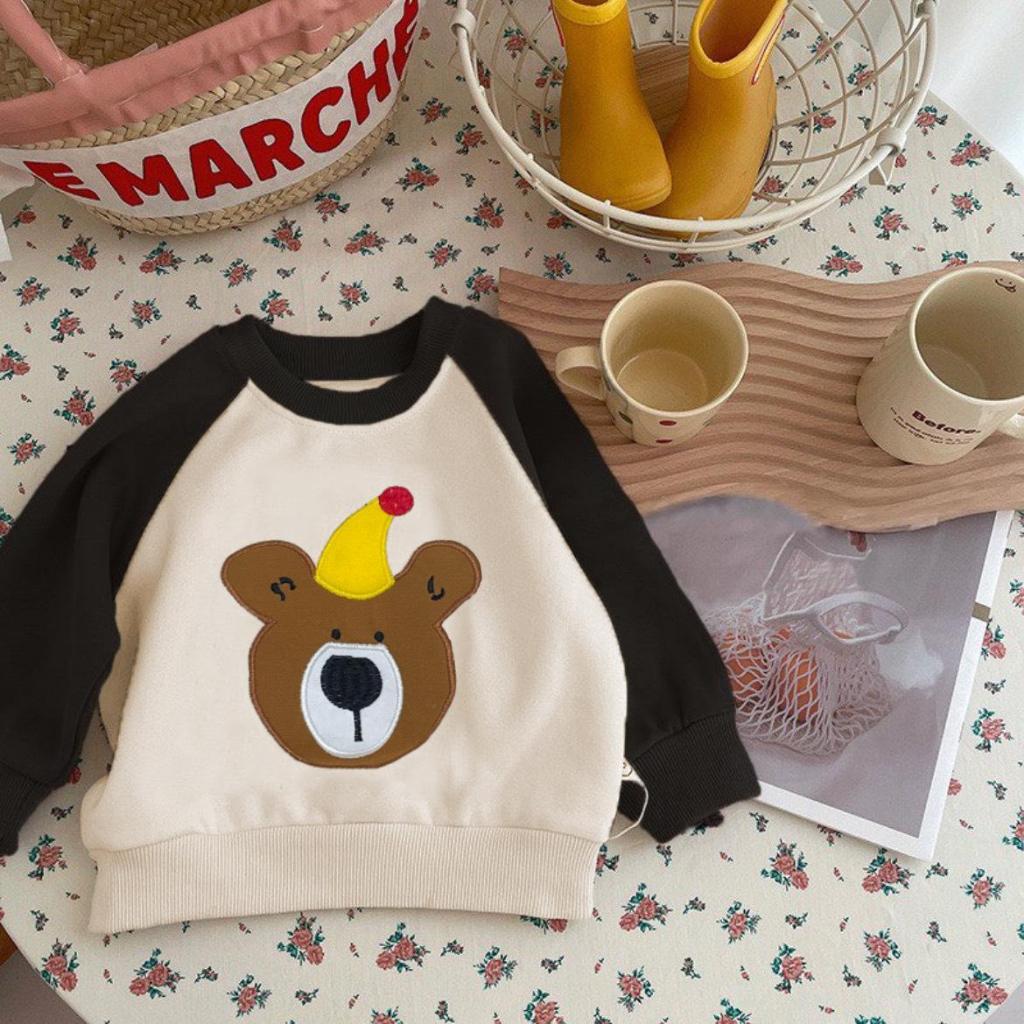 TE507 - Áo sweater hình gấu đội mũ thêu cho bé trai bé gái chất nỉ ép mềm mại size 8-21kg