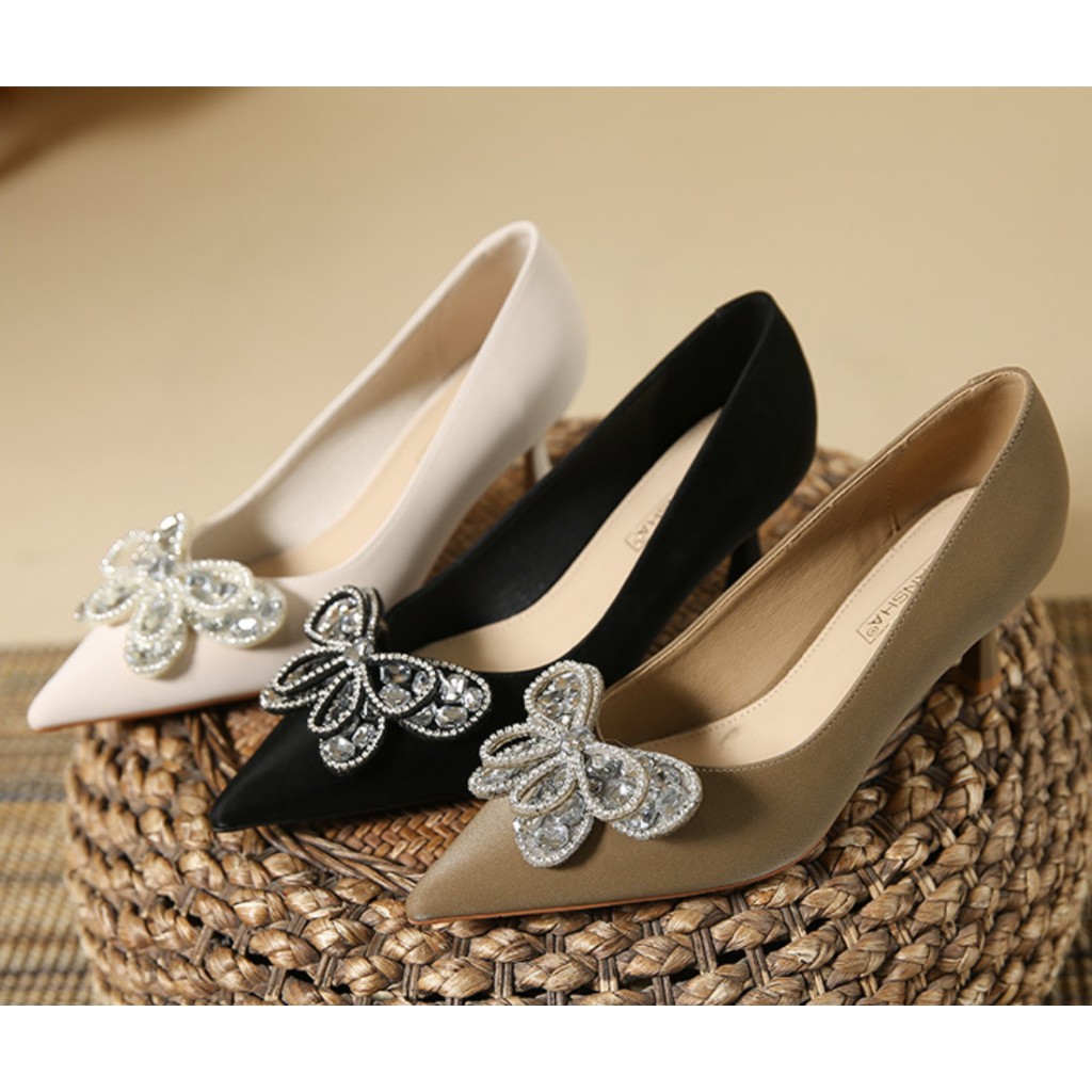 Giày Nữ Cao Cấp , Giày Cao Gót Nữ Mũi Nhọn, Charm Nơ Cao 6p Charm Cao Cấp, Kiểu Dáng Trẻ trung- DA895