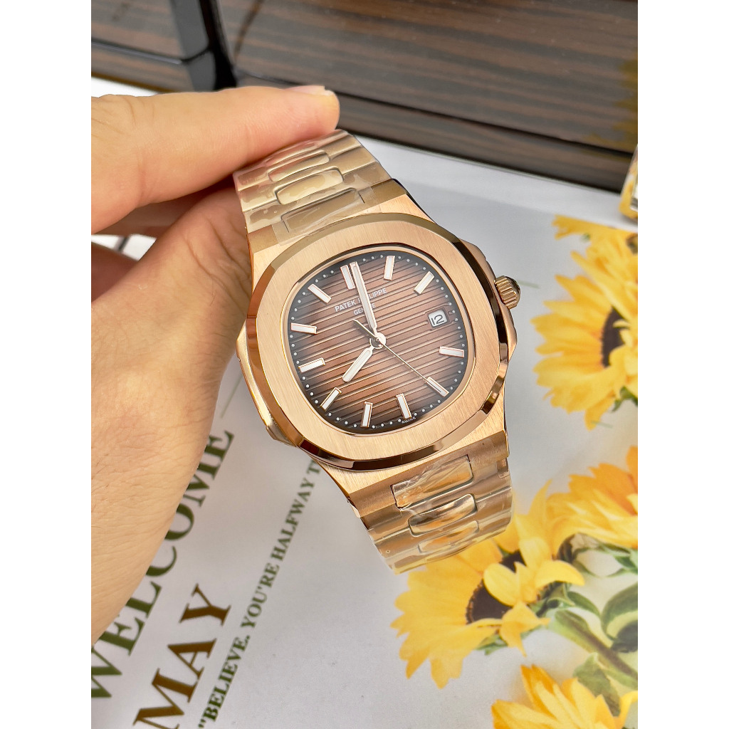 Đồng hồ Nam Ptk vuông 3kim 1 lịch máy nhật chạy cơ Automatic size 40mm vỏ vàng hồng dây kim loại