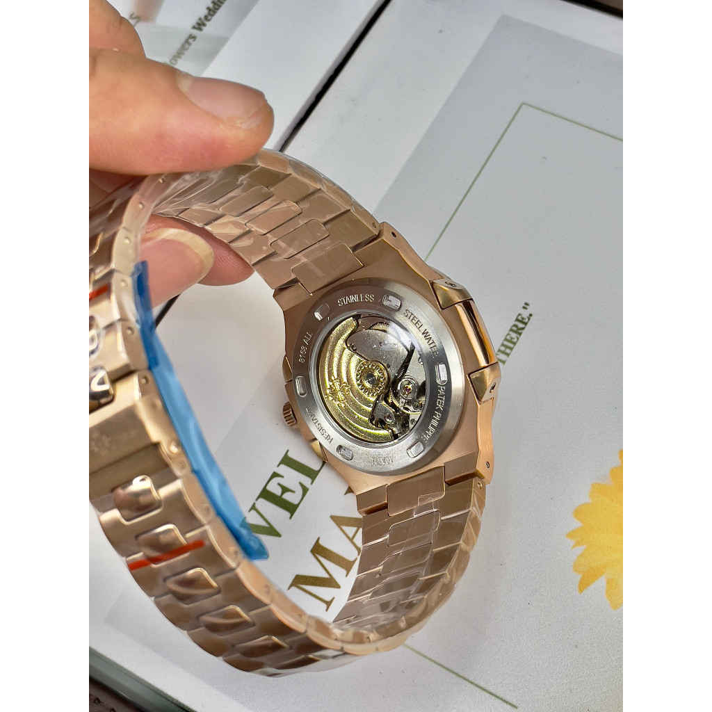 Đồng hồ Nam Ptk vuông 3kim 1 lịch máy nhật chạy cơ Automatic size 40mm vỏ vàng hồng dây kim loại