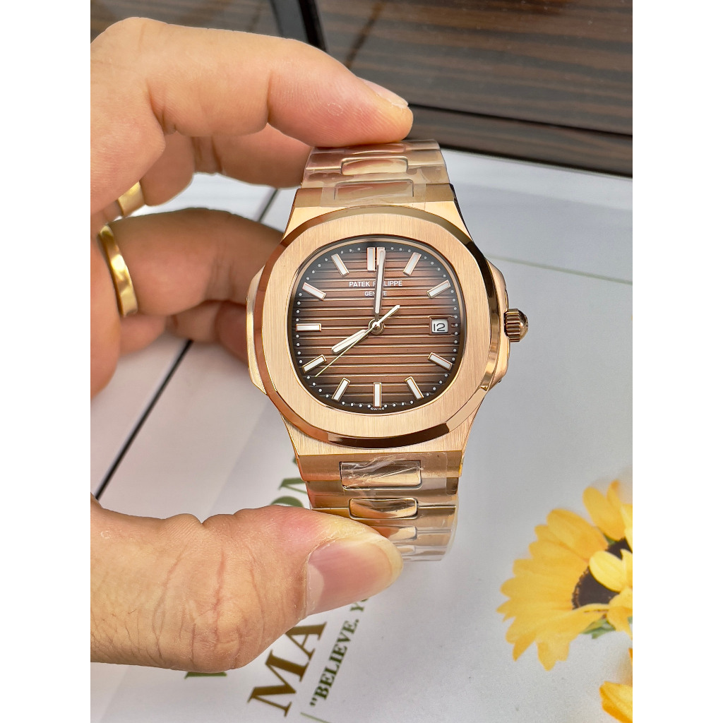 Đồng hồ Nam Ptk vuông 3kim 1 lịch máy nhật chạy cơ Automatic size 40mm vỏ vàng hồng dây kim loại