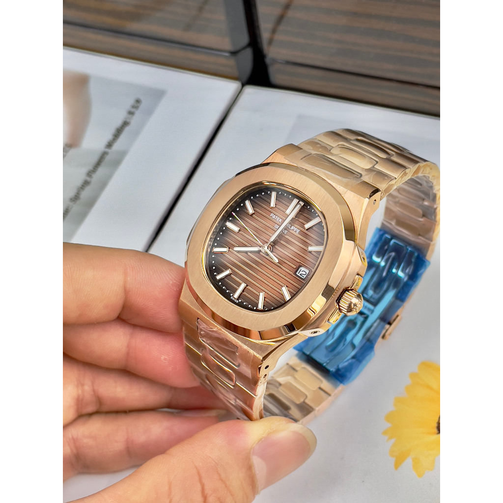 Đồng hồ Nam Ptk vuông 3kim 1 lịch máy nhật chạy cơ Automatic size 40mm vỏ vàng hồng dây kim loại