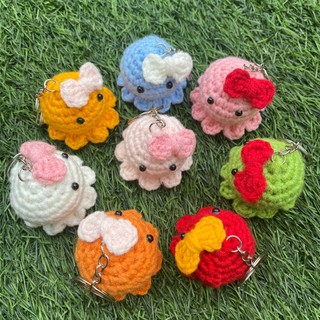 Móc khóa bạch tuộc len đeo nơ nhiều màu, handmade, móc len