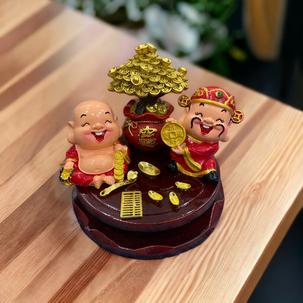 Tượng thần tài thổ địa cầu may mắn tài lộc trang trí bàn làm việc cho dân văn phòng chay sale áp số và kpi