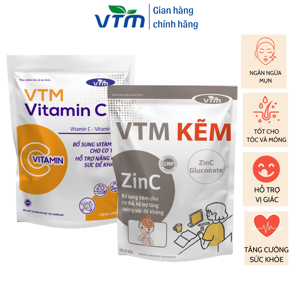 Combo Giảm mụn mờ thâm, Gấp đôi đề kháng VTM Vitamin C và VTM Kẽm - 30 ngày