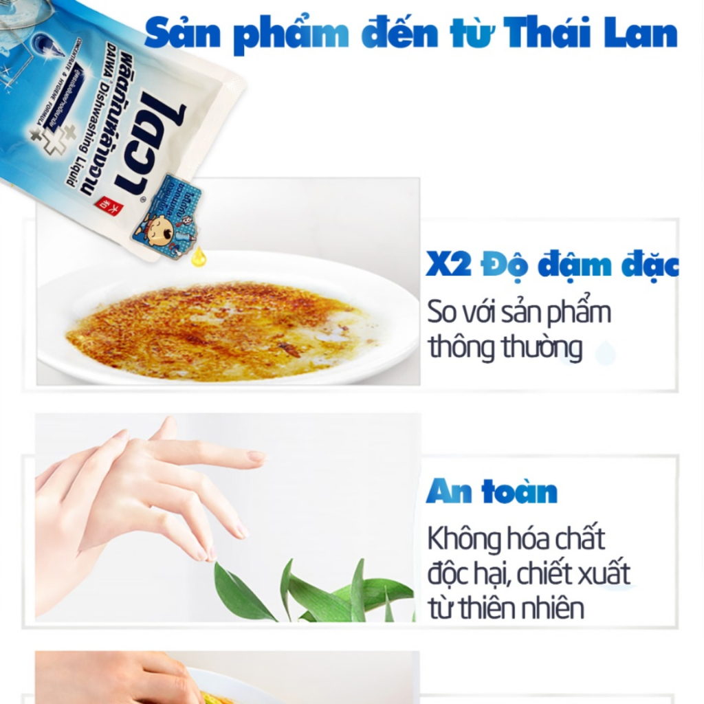 Nước rửa chén không mùi Thái Lan DAIWA 500ml ít bọt không nhờn rít - túi