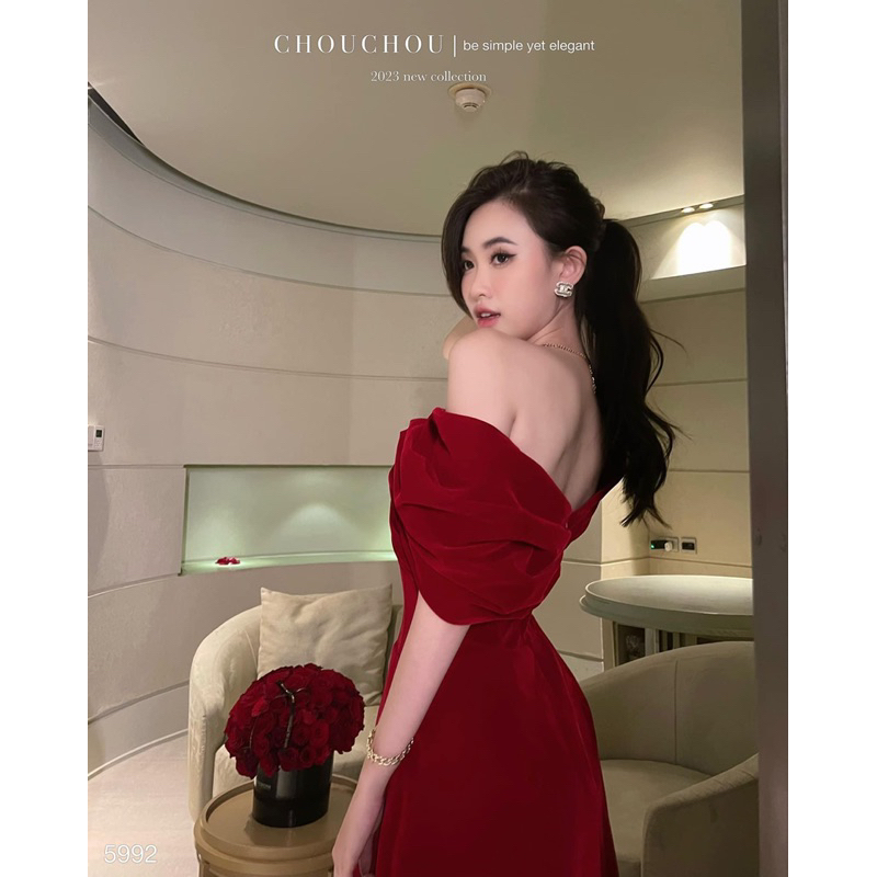 | Chang Tròn | Đầm Nhung Đỏ Trễ Vai Bigsize -