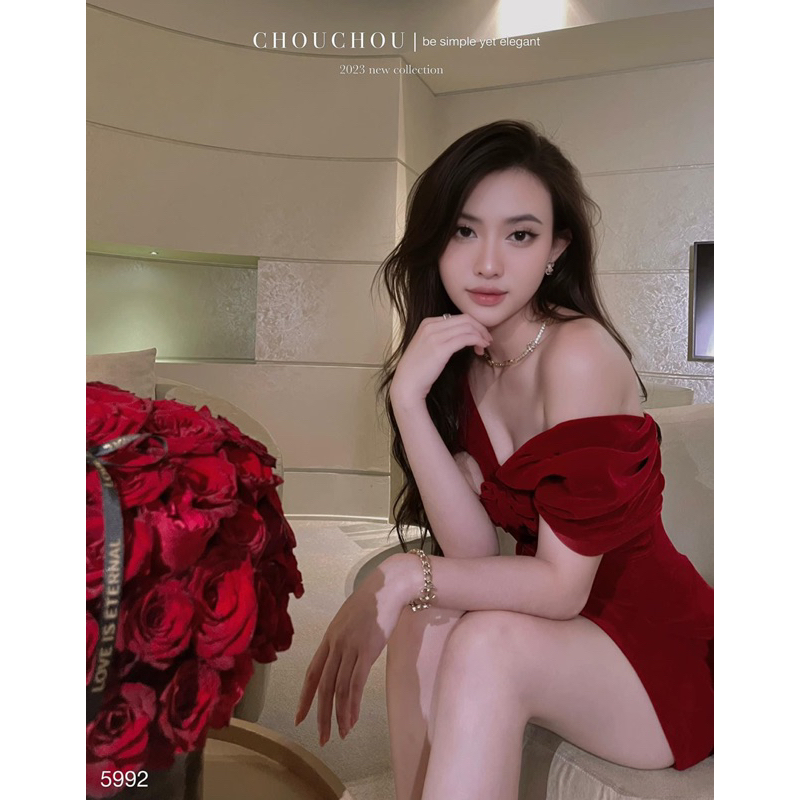 | Chang Tròn | Đầm Nhung Đỏ Trễ Vai Bigsize -