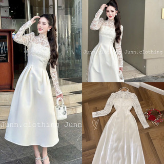 Đầm đỏ cổ trụ bèo phối nút tay dài