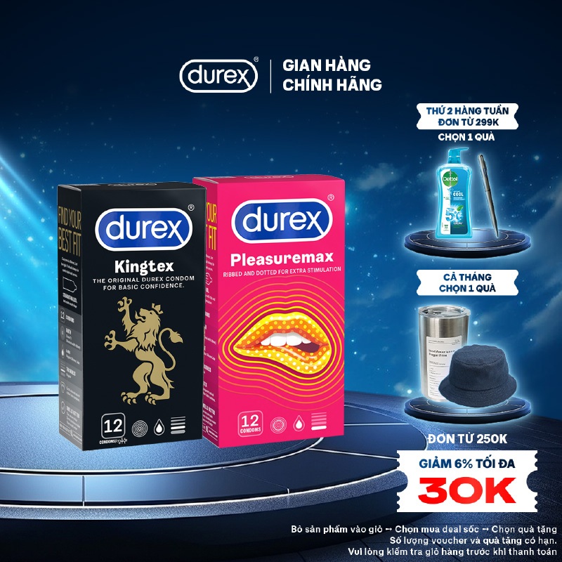 Bộ 1 hộp bao cao su Durex Kingtex ôm sát (49mm, 12 bao/hộp) và 1 hộp Durex Pleasuremax gân gai (56mm, 12 bao/hộp)