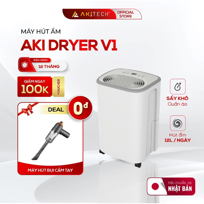 Máy hút ẩm lọc không khí AKI DRYER V1 sấy khô quần áo, khoang chứa nước 2,5L, hút ẩm 12L