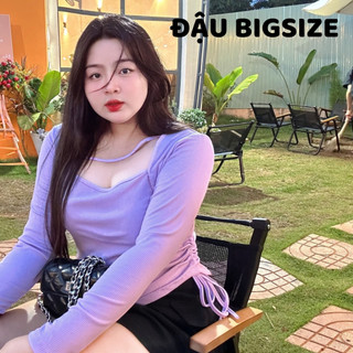 Áo thun bigsize nữ tay dài cổ vuông kèm dây chéo cổ và dây rút 2 bên chất thun gân thoáng mát - G207