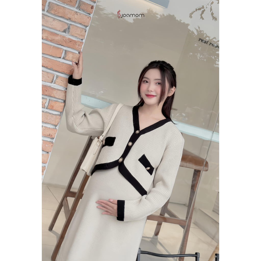 Set áo váy len bầu viền kẻ co giãn dày dặn Joamom L189