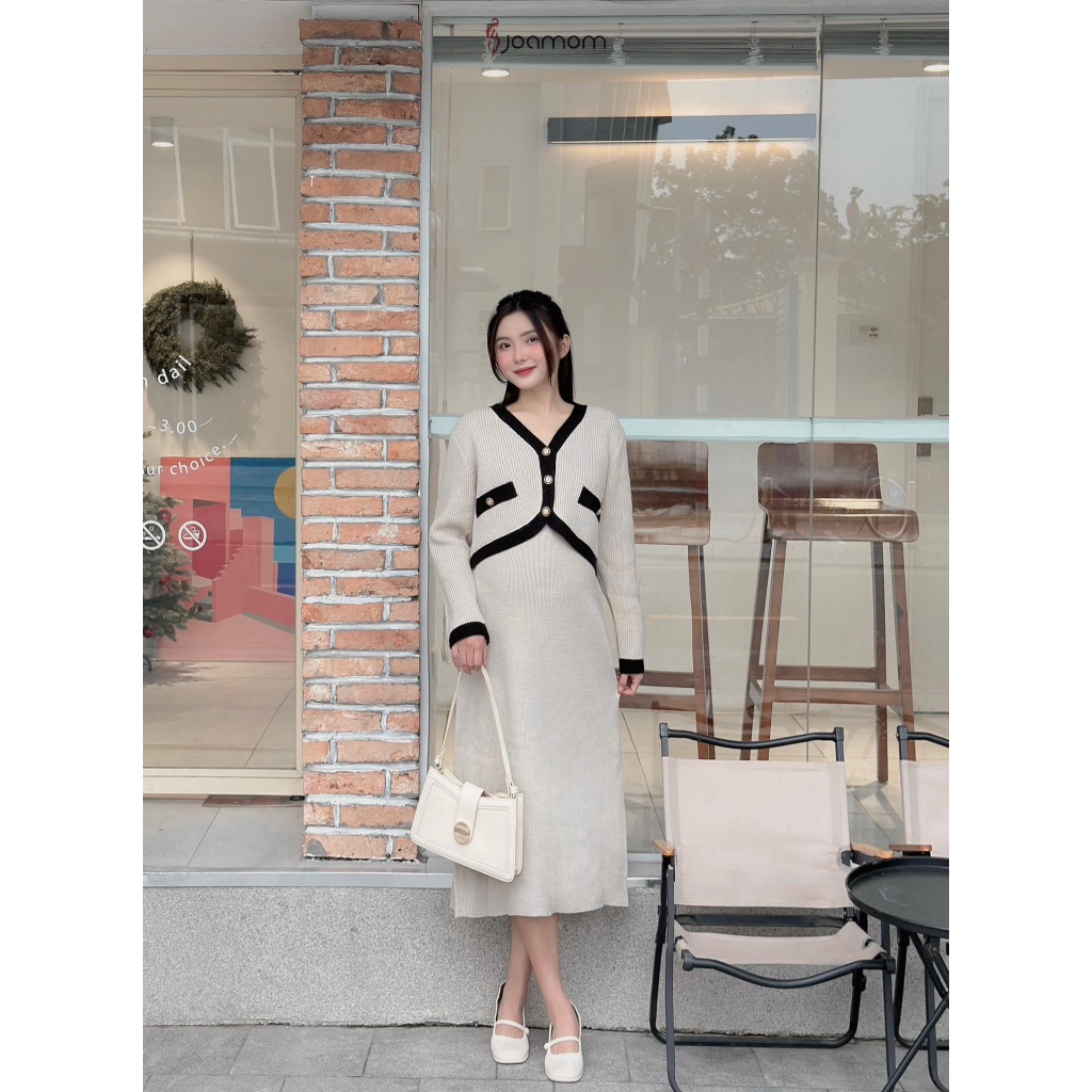 Set áo váy len bầu viền kẻ co giãn dày dặn Joamom L189