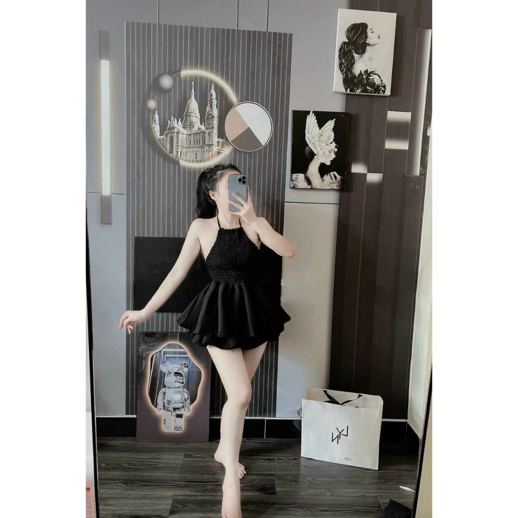 Set yếm cúp ngực phối quần bí chất kate dày dặn co giãn tốt