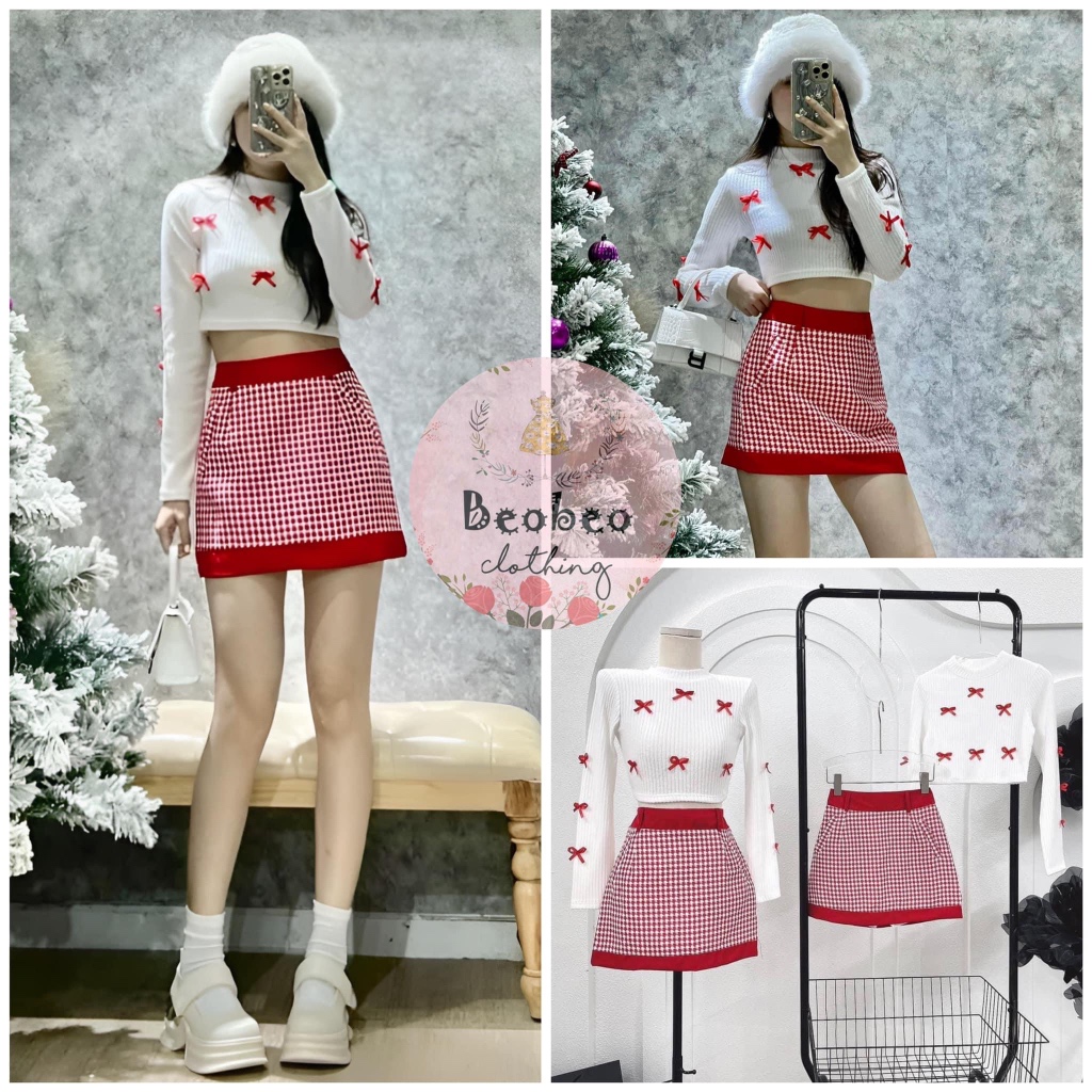 [Ảnh thật] Set áo croptop len tay dài đính nơ kèm chân váy A caro