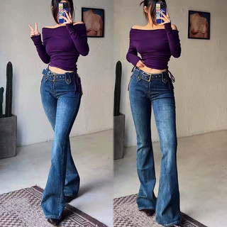 Quần jeans dài ống loe nhẹ co giãn lưng cao 2 nút- ảnh thật toàn bộ