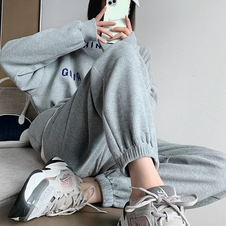 Quần jogger chất nỉ tổ ong cạp chun thể thao unisex dáng thụng bo gấu