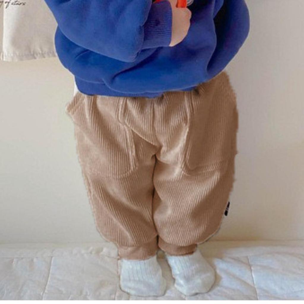 TE430- Quần nhung tăm cho bé trai bé gái Hokiha Kids phối túi mềm mại, phong cách size 8-16kg