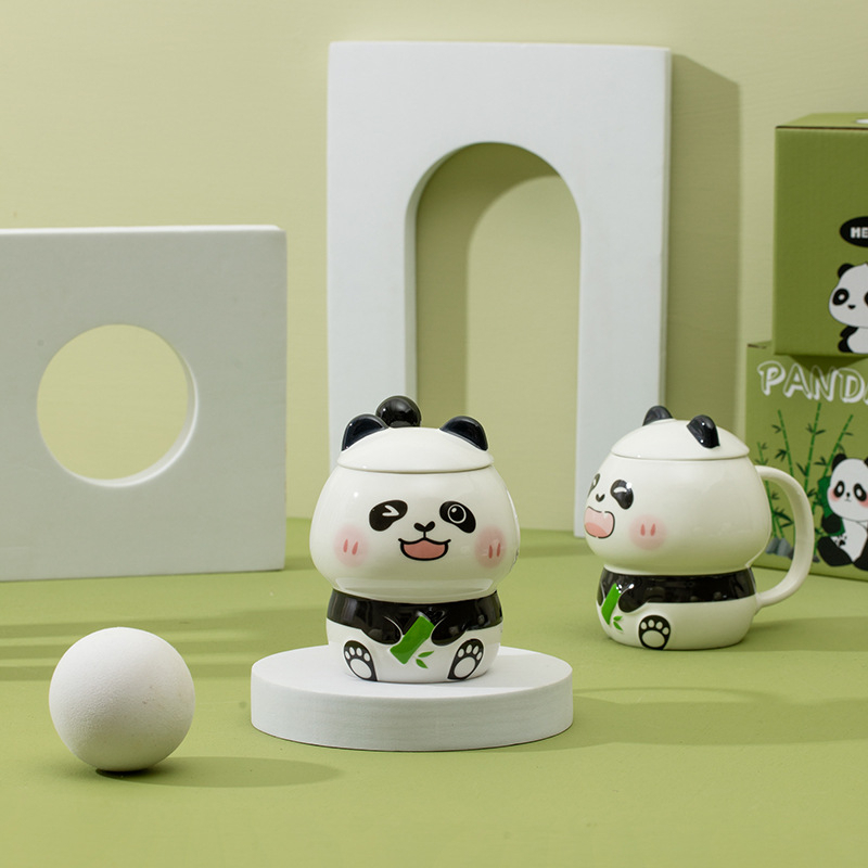Cốc ly sứ Gấu trúc Panda Emoji Go Home kèm thìa dung tích 400ml dễ thương dùng hàng ngày,uống nước, quà tặng bạn bè