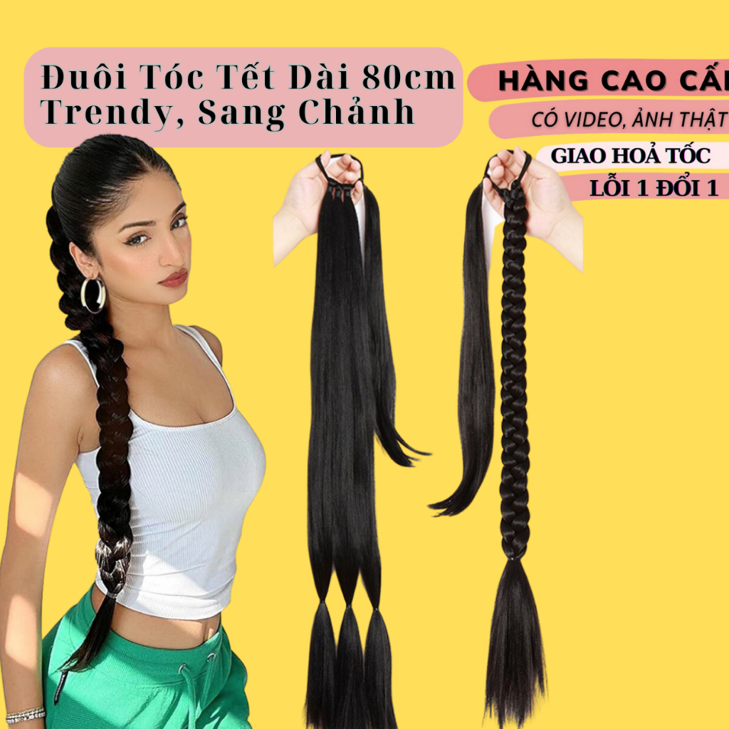 Đuôi tóc giả nữ tết bím dài, đẹp, trendy, sang chảnh 80cm ( tết chung tóc thật)