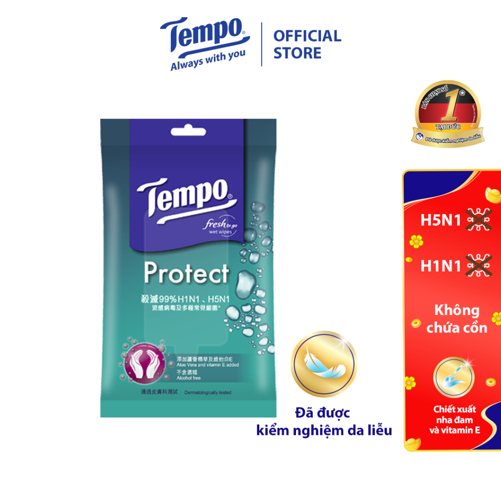 Khăn ướt cao cấp Tempo Wet Wipes - Diệt khuẩn 99% - Thương hiệu Đức