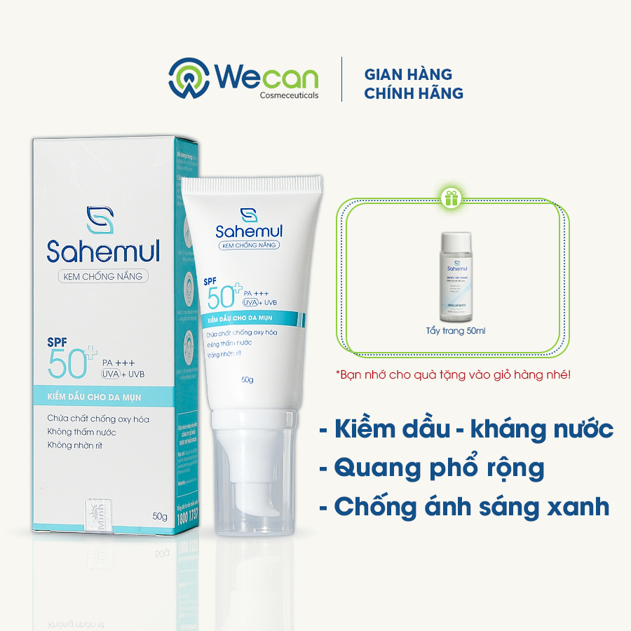 Kem Chống Nắng Kiềm Dầu Cho Da Mụn Sahemul Quang Phổ Rộng, Kháng Nước, Chống Ánh Sáng Xanh 50g