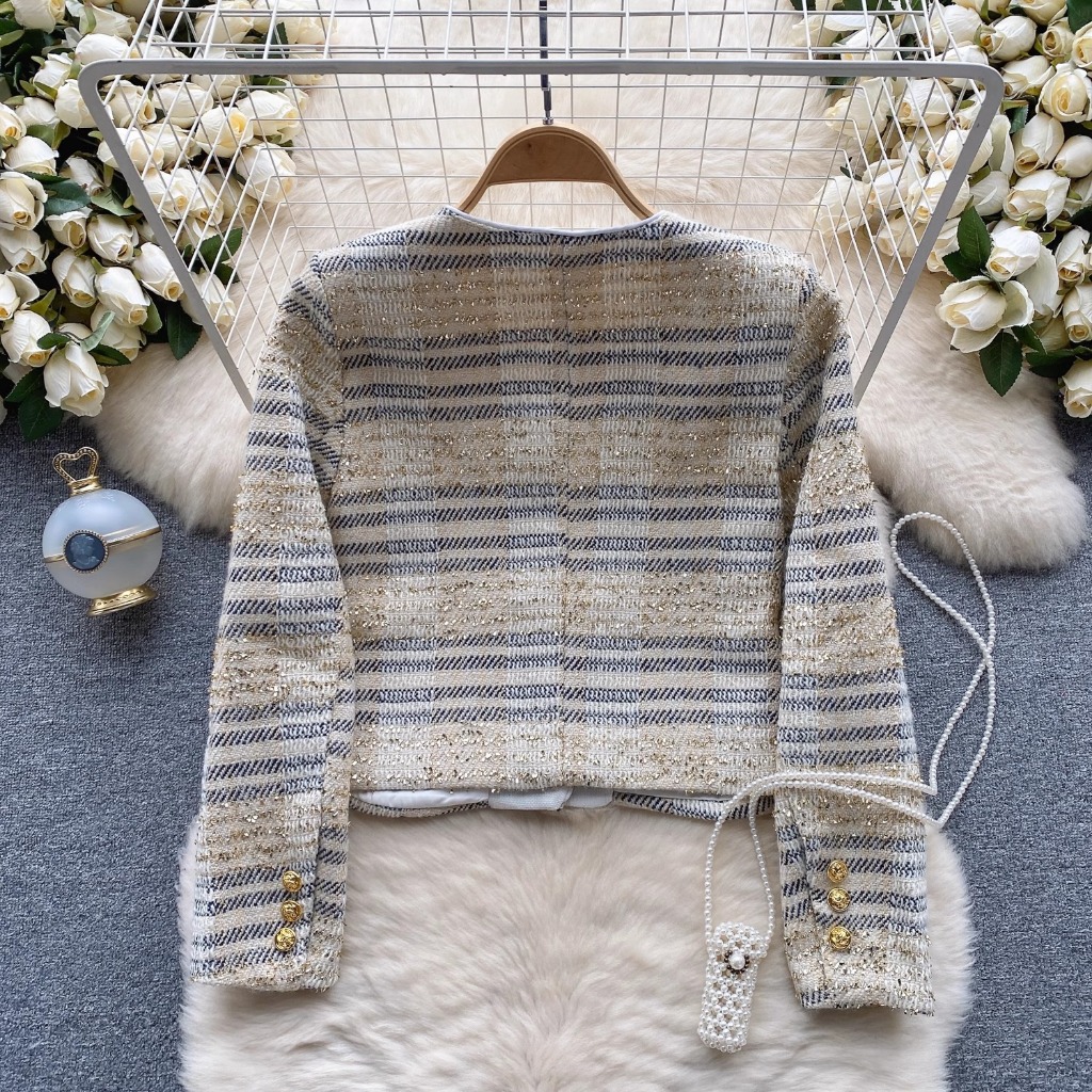 Áo khoác tweed sọc sequin thanh lịch, sang chảnh