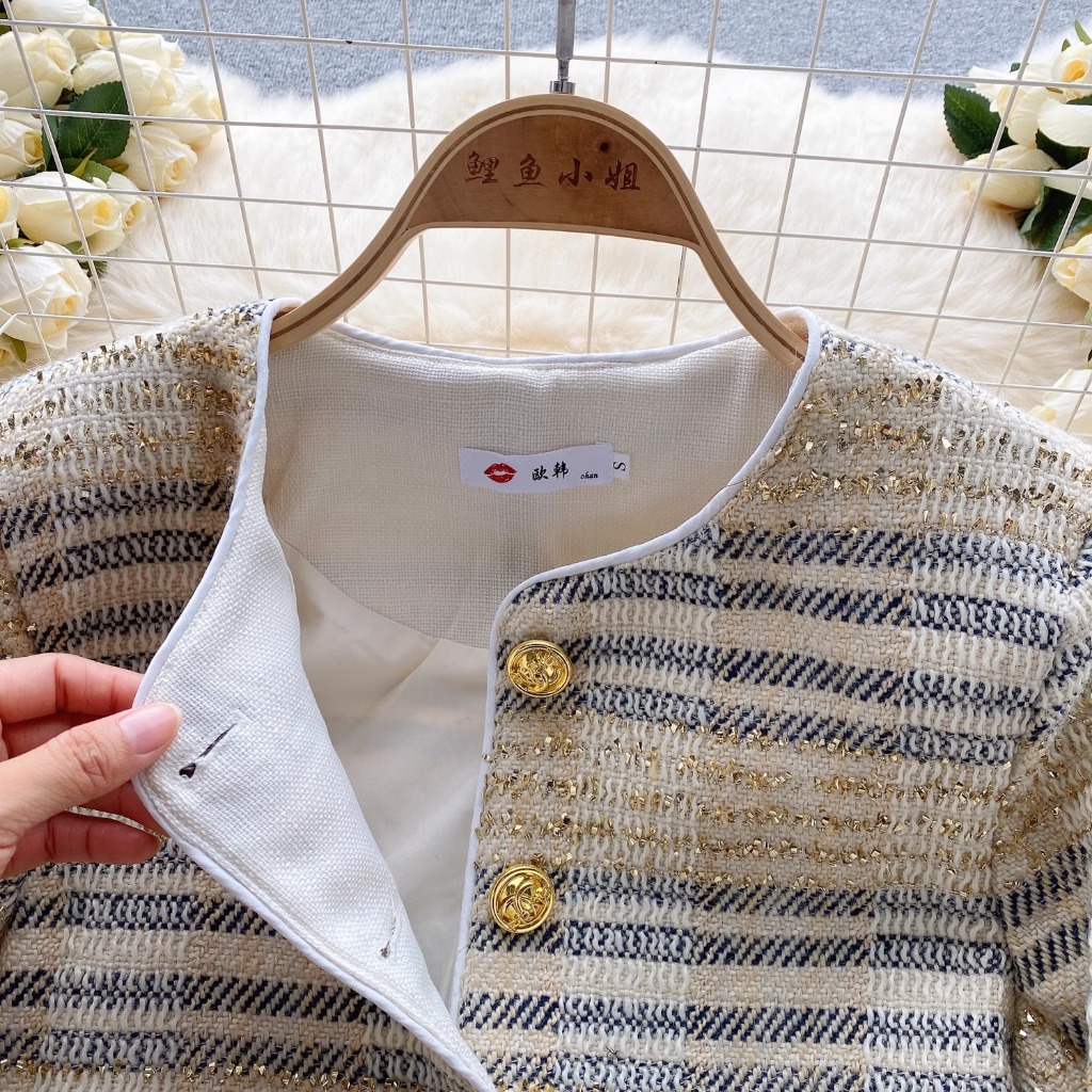 Áo khoác tweed sọc sequin thanh lịch, sang chảnh