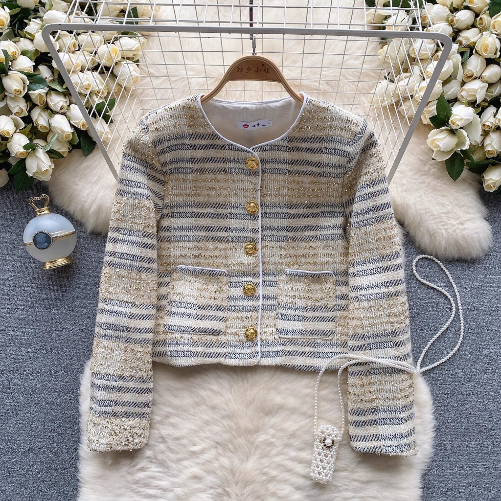 Áo khoác tweed sọc sequin thanh lịch, sang chảnh