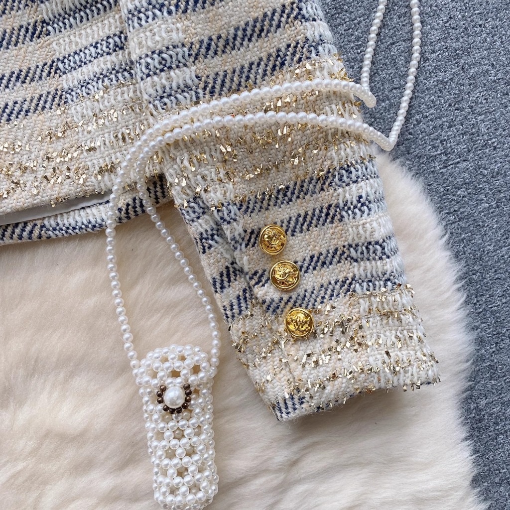 Áo khoác tweed sọc sequin thanh lịch, sang chảnh