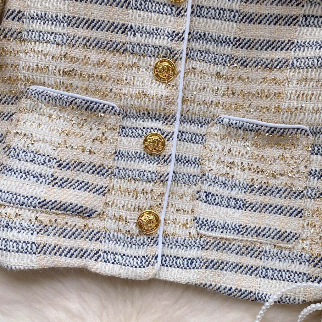 Áo khoác tweed sọc sequin thanh lịch, sang chảnh