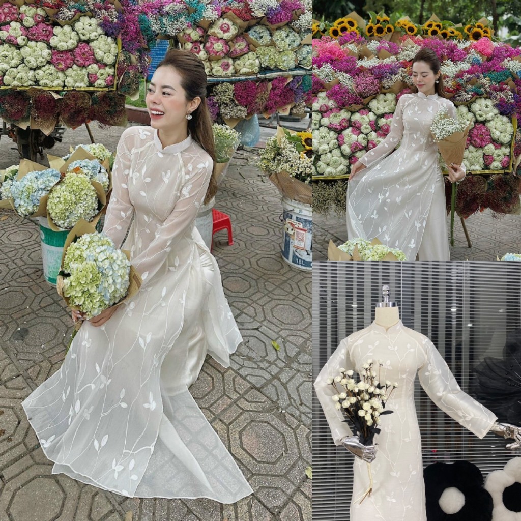 Áo Dài Cách Tân Thêu Hoa 2 Tà Kèm Quần Lụa Trắng Sét Áo Dài Cách Tân Dự Tiệc Lễ Tết Bigsize Quỳnh Anh Từ 50kg Đến 100kg