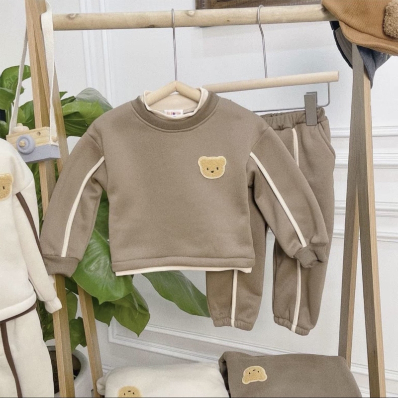 Bộ thu đông bé trai bé gái bộ đồ dài tay nỉ bông hình gấu thu đông cho bé hibabi