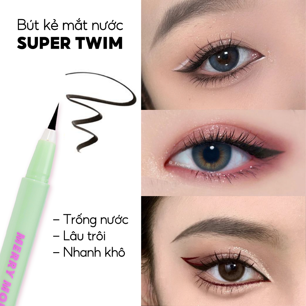 Bút kẻ mắt nước lâu trôi Hàn Quốc Super Twim Merry Monde thuần chay, nét mảnh, cây Eyeliner kẻ mi mắt dưới có nhiều màu.