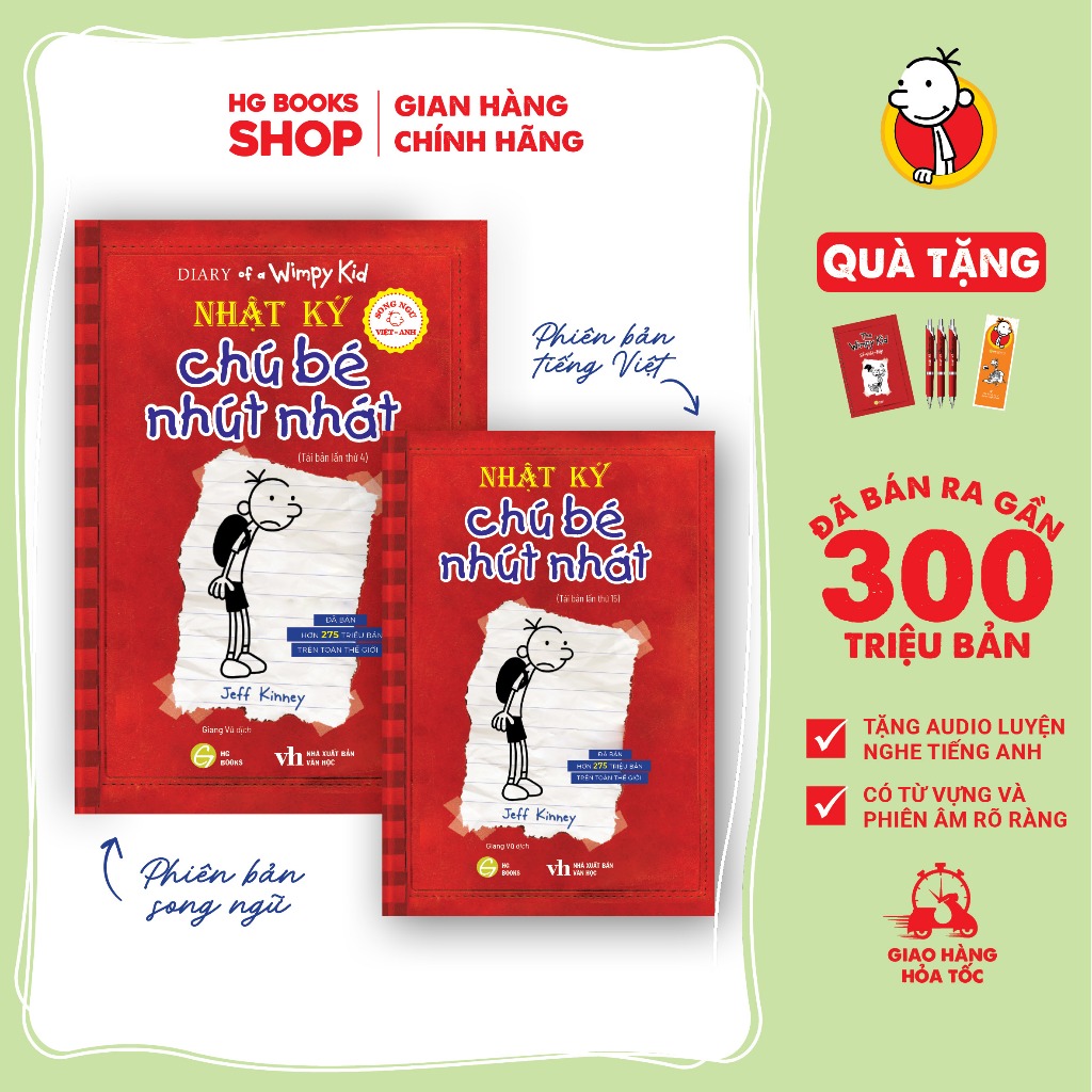 Sách Nhật ký Chú Bé Nhút Nhát - Diary of a Wimpy Kid: Tập 1. Bản Song Ngữ và Tiếng Việt . Đã Bán 300 Triệu Bản
