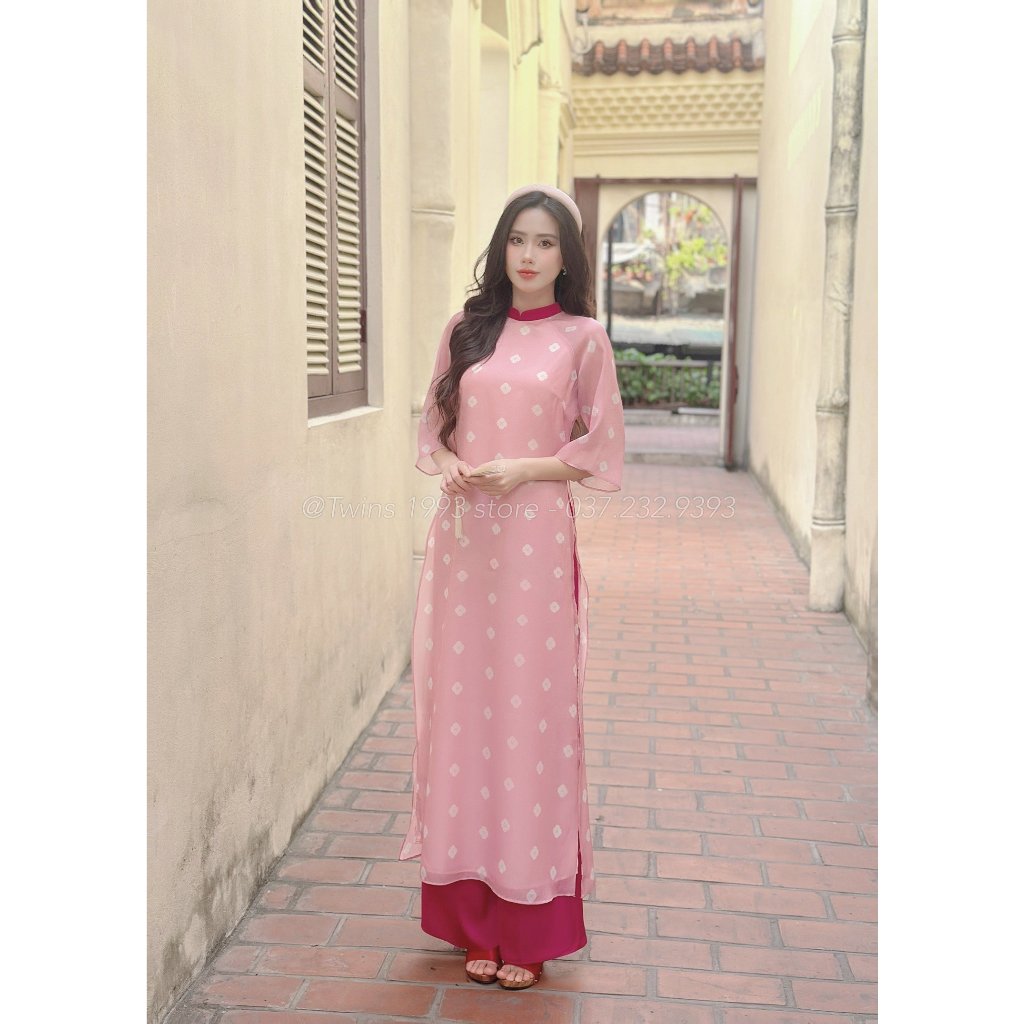 SET áo dài KÈM QUẦN cách tân dáng suông Twins Store, chất tơ óng, họa tiết in - AD095