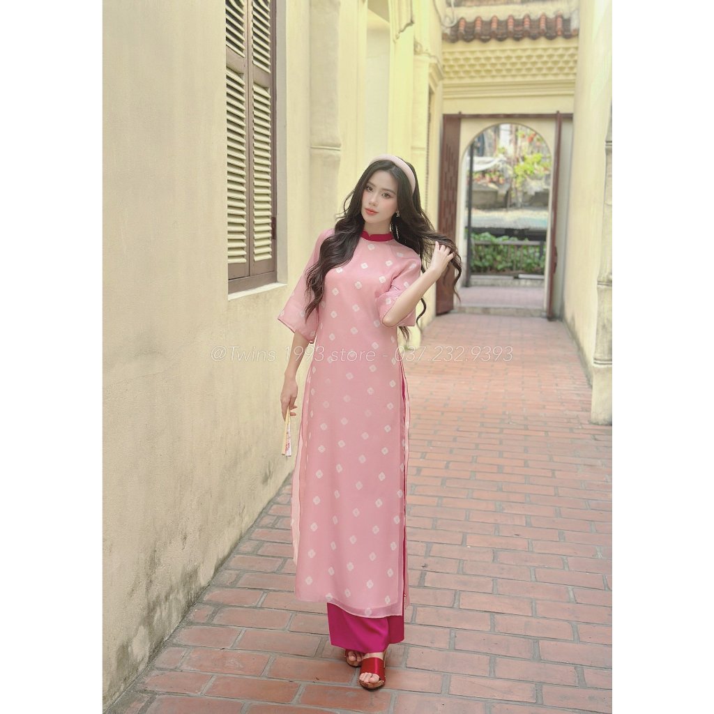 SET áo dài KÈM QUẦN cách tân dáng suông Twins Store, chất tơ óng, họa tiết in - AD095