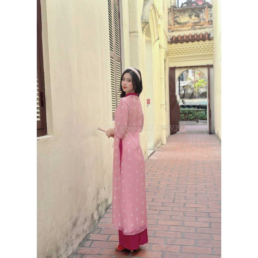 SET áo dài KÈM QUẦN cách tân dáng suông Twins Store, chất tơ óng, họa tiết in - AD095