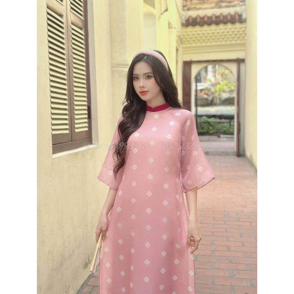 SET áo dài KÈM QUẦN cách tân dáng suông Twins Store, chất tơ óng, họa tiết in - AD095