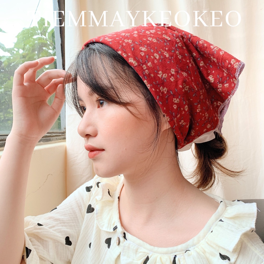 Khăn vải bandana giáng sinh hoa đỏ vintage TIEMMAYKEOKEO khăn turban phong cách hongkong, phụ kiện decor noel xmas