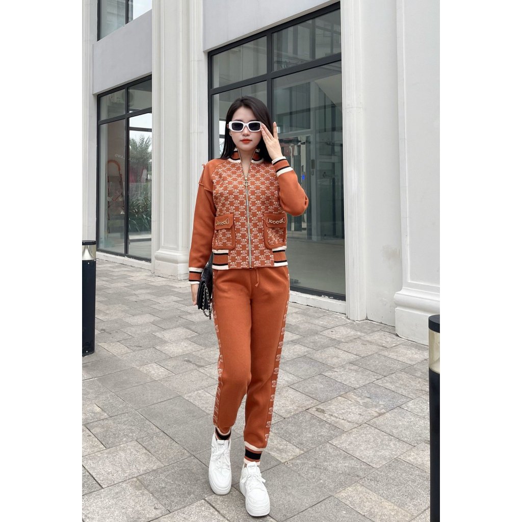 Bộ đồ mặc nhà len Kenva nữ, họa tiết sang chảnh kiểu áo khóa kéo tiện lợi chất vải len dày dặn ấm áp