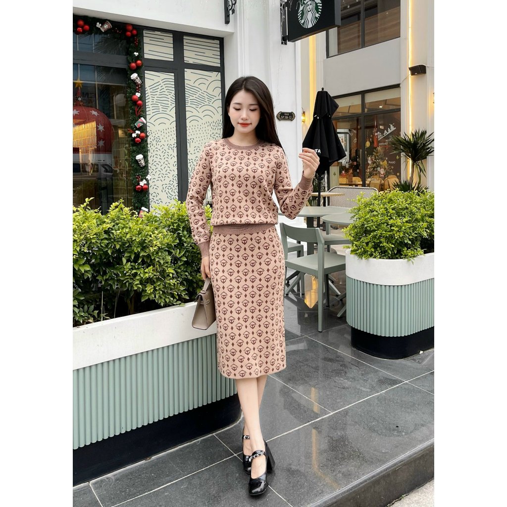 Set váy len Kenva cao cấp nữ, chất liệu len đơn họa tiết trẻ trung thời trang, cổ tròn váy dài dễ mix đồ chất len ấm áp