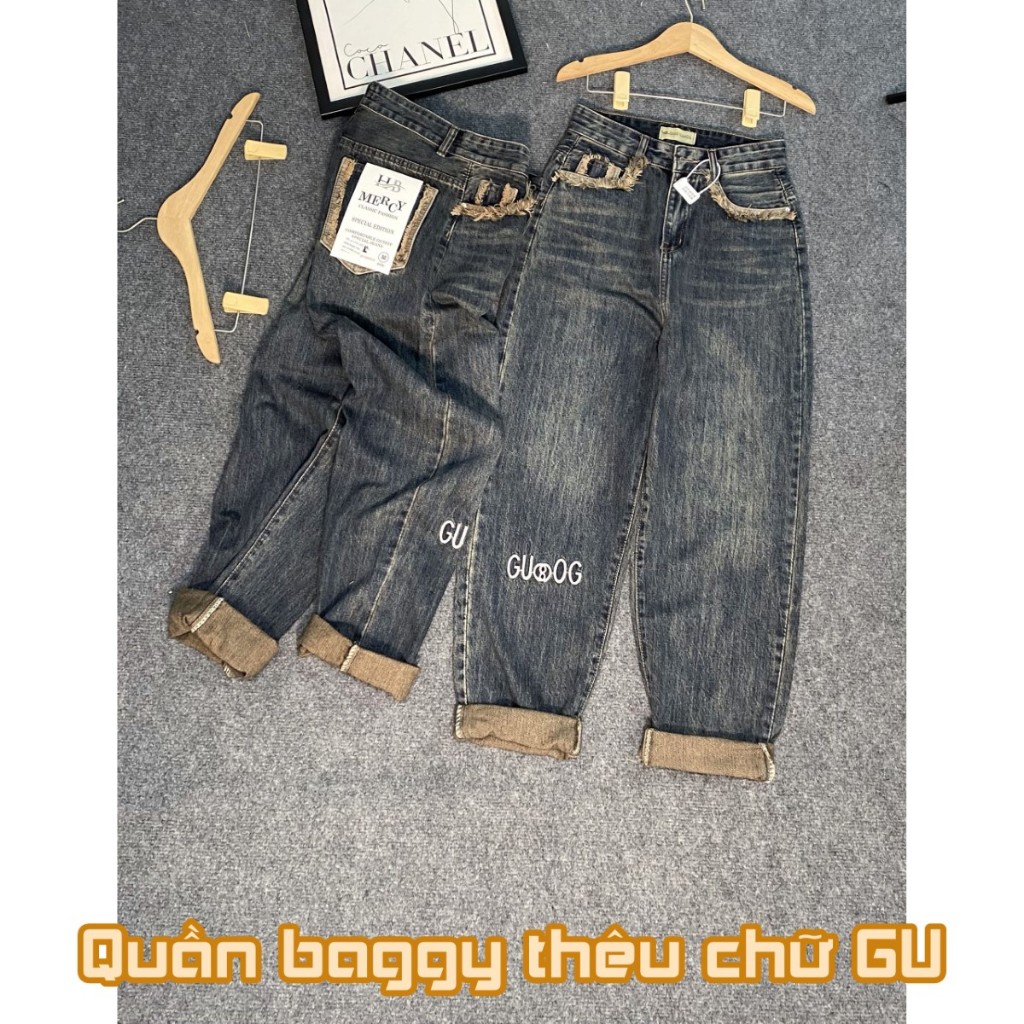 Quần jean baggy rách nữ in chữ hồng thời trang | A&JEAN STORE