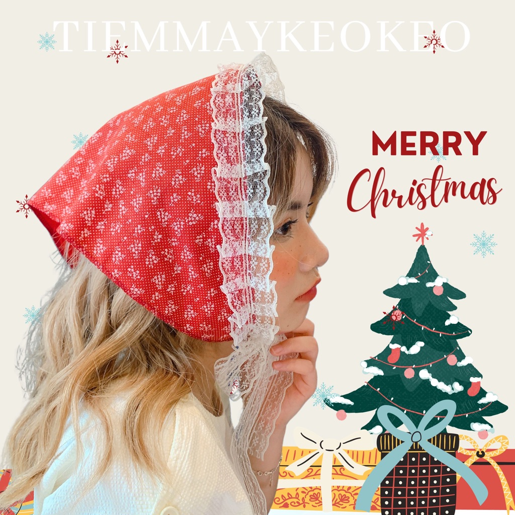 Khăn vải bandana giáng sinh hoa đỏ vintage TIEMMAYKEOKEO khăn turban phong cách hongkong, phụ kiện decor noel xmas