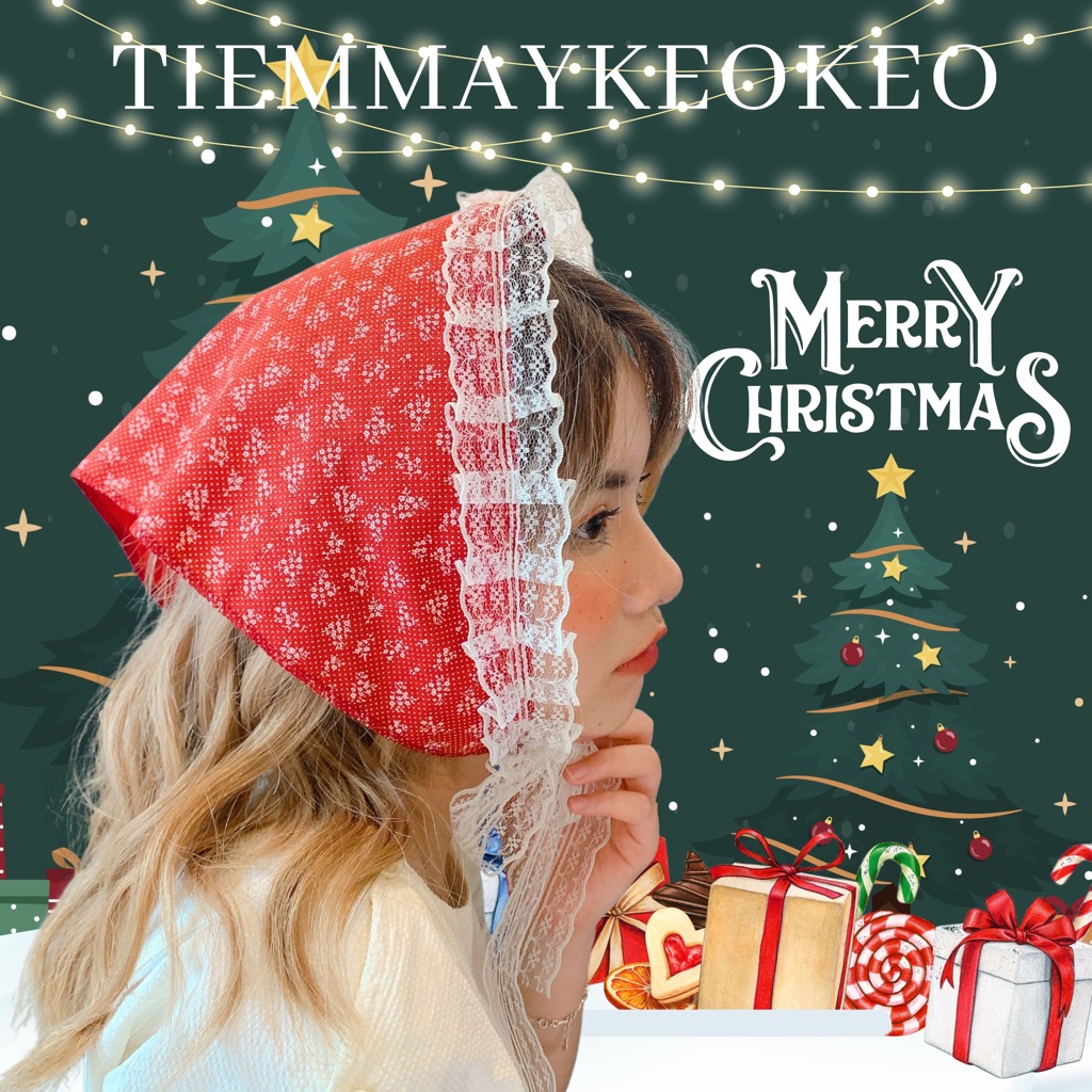 Khăn vải bandana giáng sinh hoa đỏ vintage TIEMMAYKEOKEO khăn turban phong cách hongkong, phụ kiện decor noel xmas
