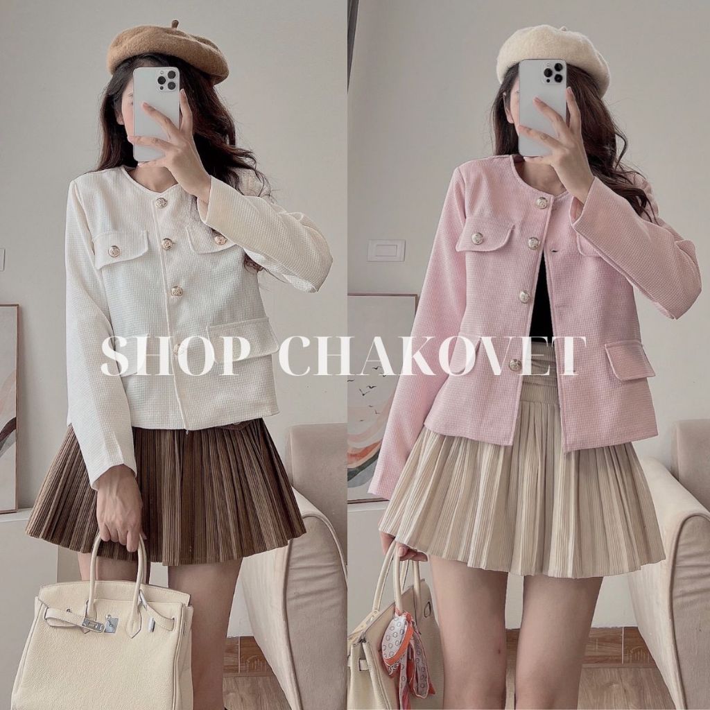 Áo khoác dạ tweed nữ thiết kế tay dài cổ tròn, áo cardigan dáng vừa vải dạ dày dặn sang chảnh hàn quốc A8730 - CHAKOVET