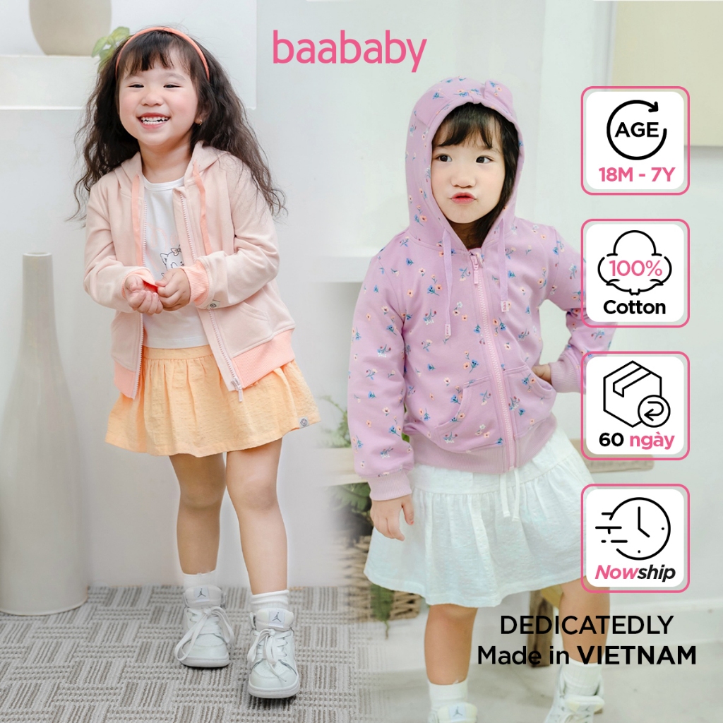 Áo khoác cho bé gái từ 1 tuổi - 7 tuổi, áo khoác có nón tai gấu họa tiết cho bé Baa Baby - B-GT-AK04D-02