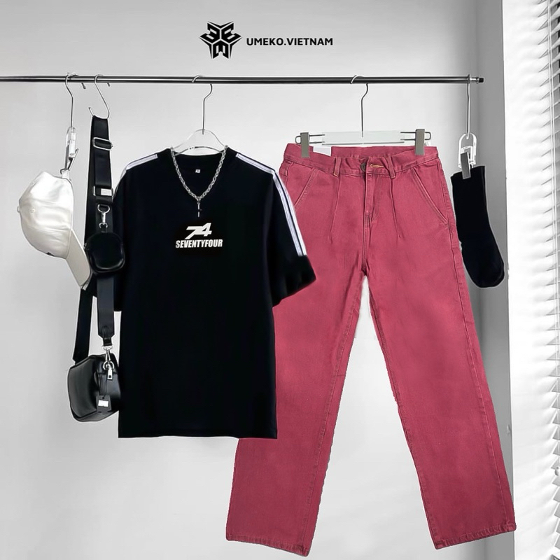 UMEKO Set N74 Black Unisex Gồm Áo Phông Tay Lỡ Form Rộng Và Quần Jean Ống Rộng Form To Màu Đỏ Hồng Thời Trang Streetwear